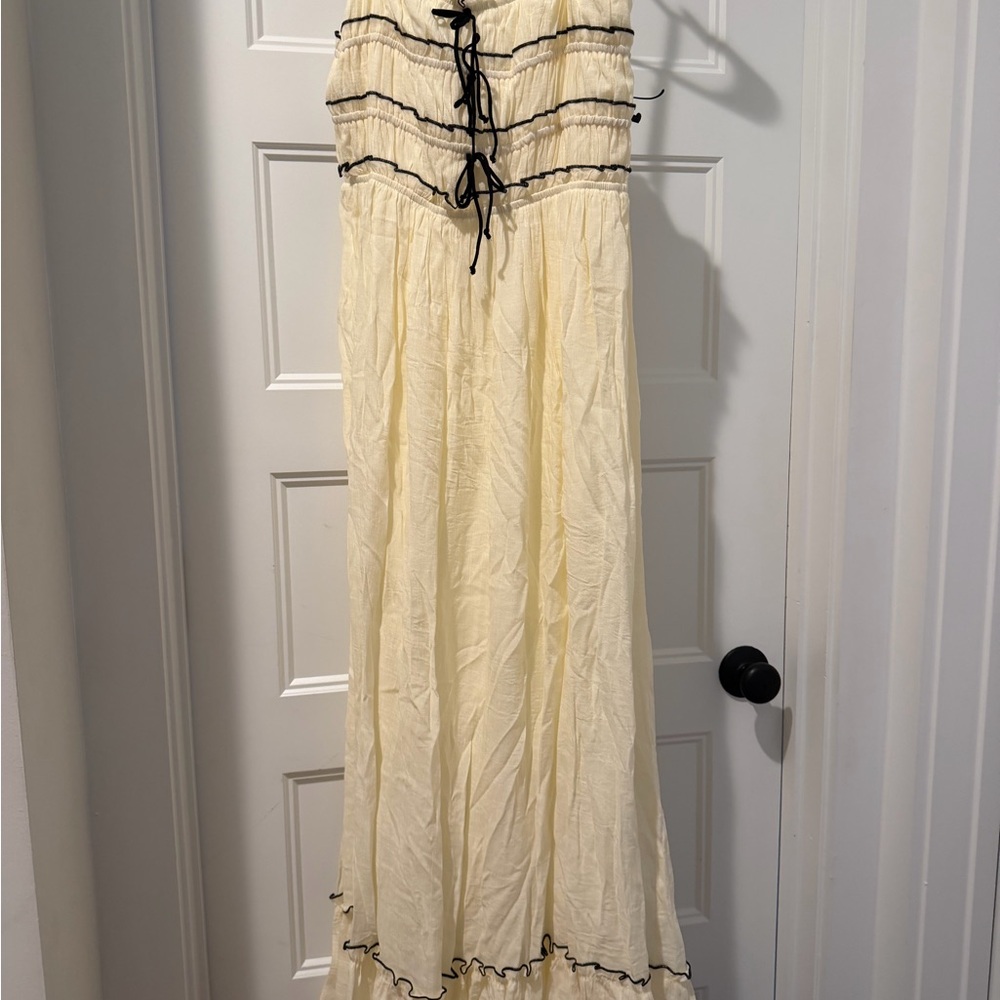 Cream Smocked Maxi Dress with Black Trim